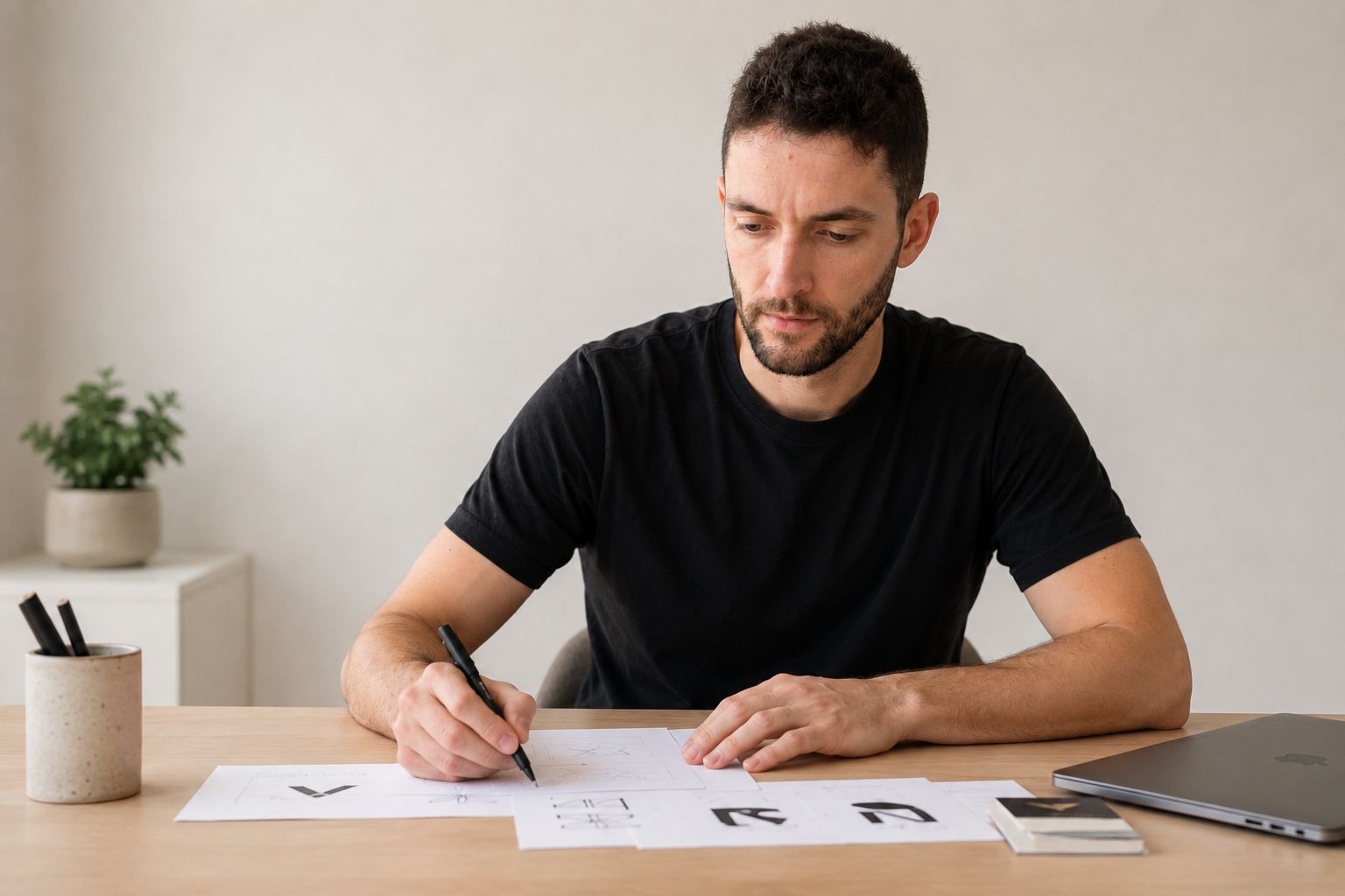 Raúl dibujando conceptos de identidad visual sobre una mesa.