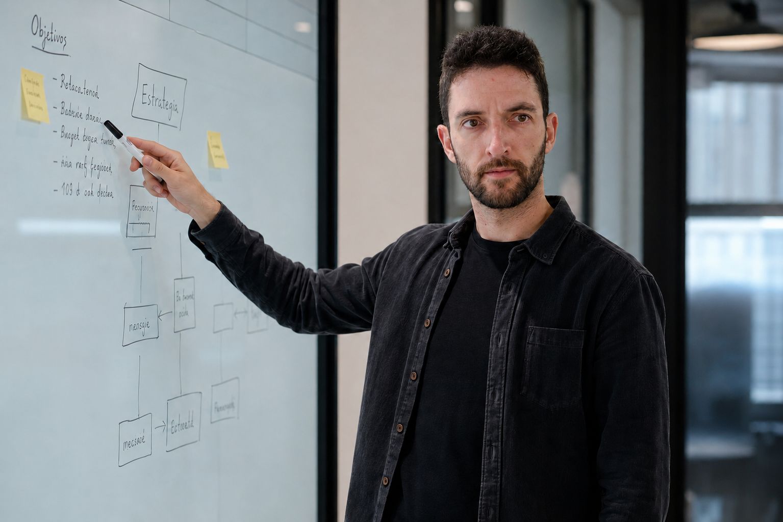 Raúl trabajando en una pizarra de estrategia y objetivos.