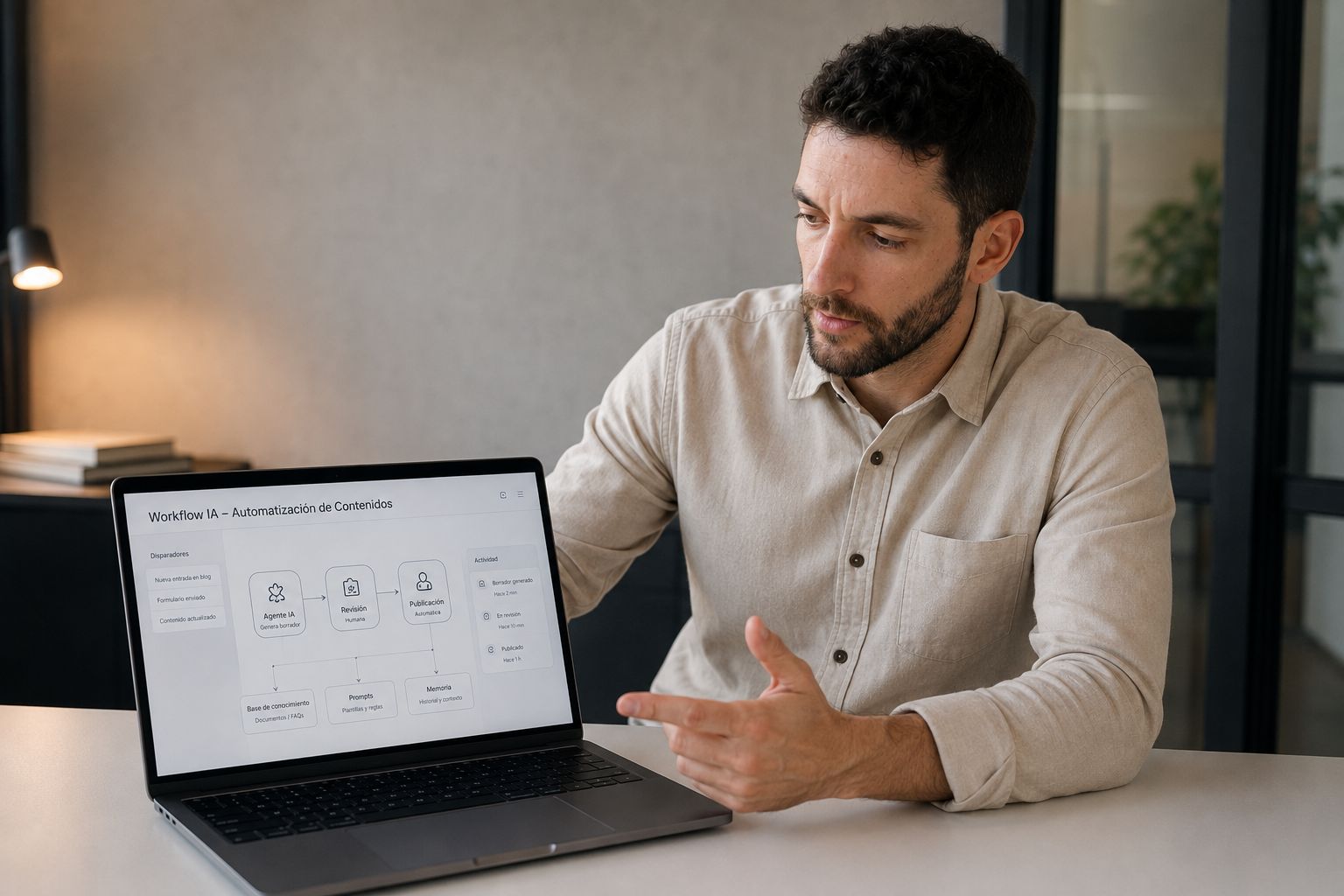 Raúl mostrando un workflow de inteligencia artificial en un portátil.