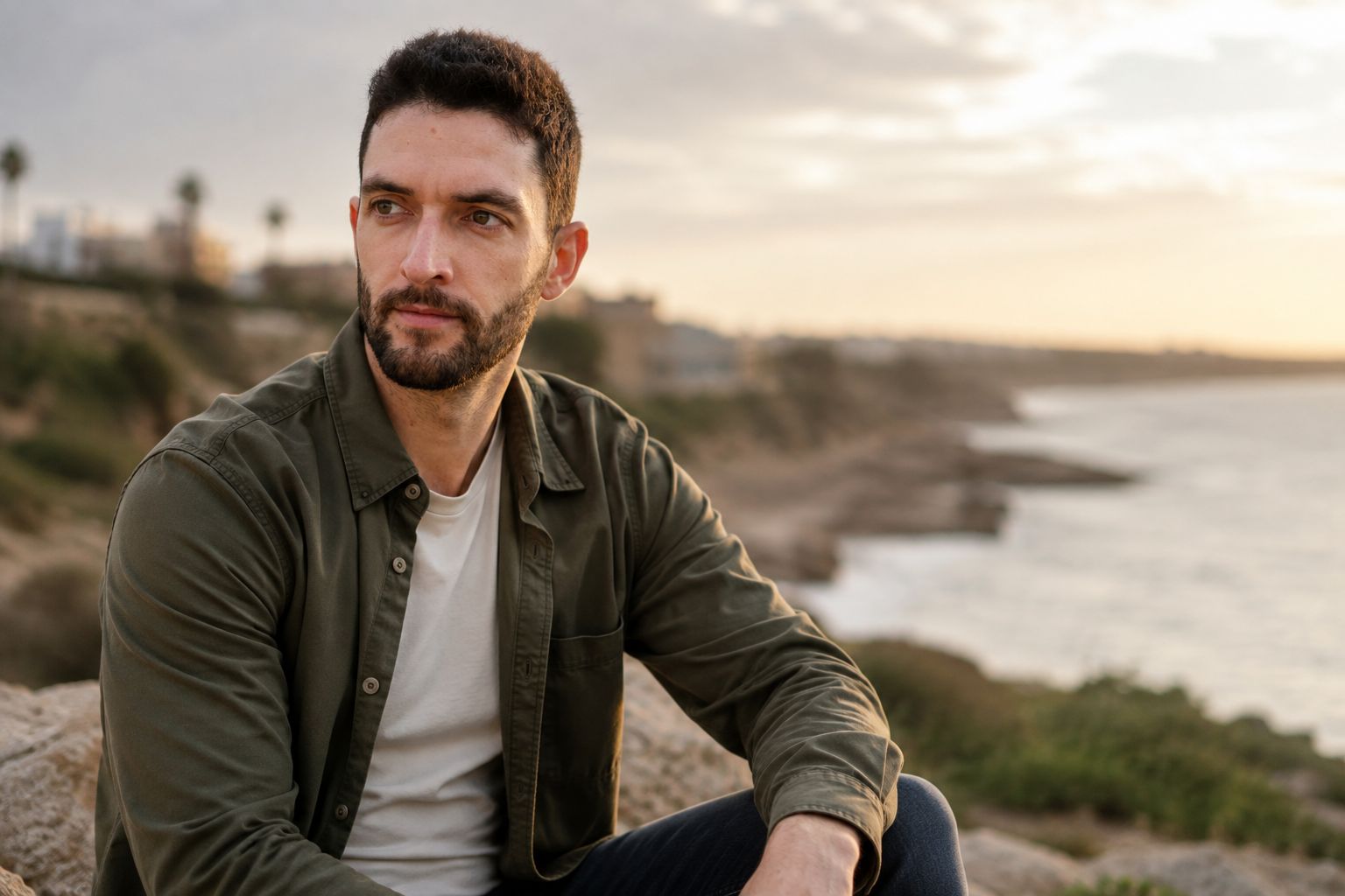 Raúl en la costa, con el mar y la luz del atardecer al fondo.